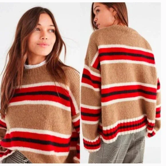 URBAN OUTFITTERS Brown Red Oversized Striped Boyfriend Sweater Wool Blend Size S - Picture 1 of 7